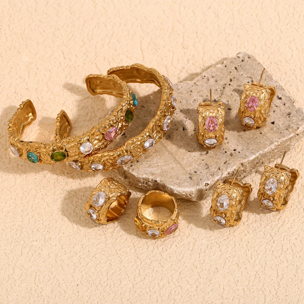 Fashion Diamond C Earrings Stainless Steel Plated 18k Gold Irregular Micro-set Colorful Zircon Cast Bracelet Ring Jewelry Set