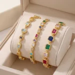 Luxury Gold Plated Geometric Gemstone Bracelet Colorful Zircon Stone Chain Bracelet For Women Fashion Jewelry Gift