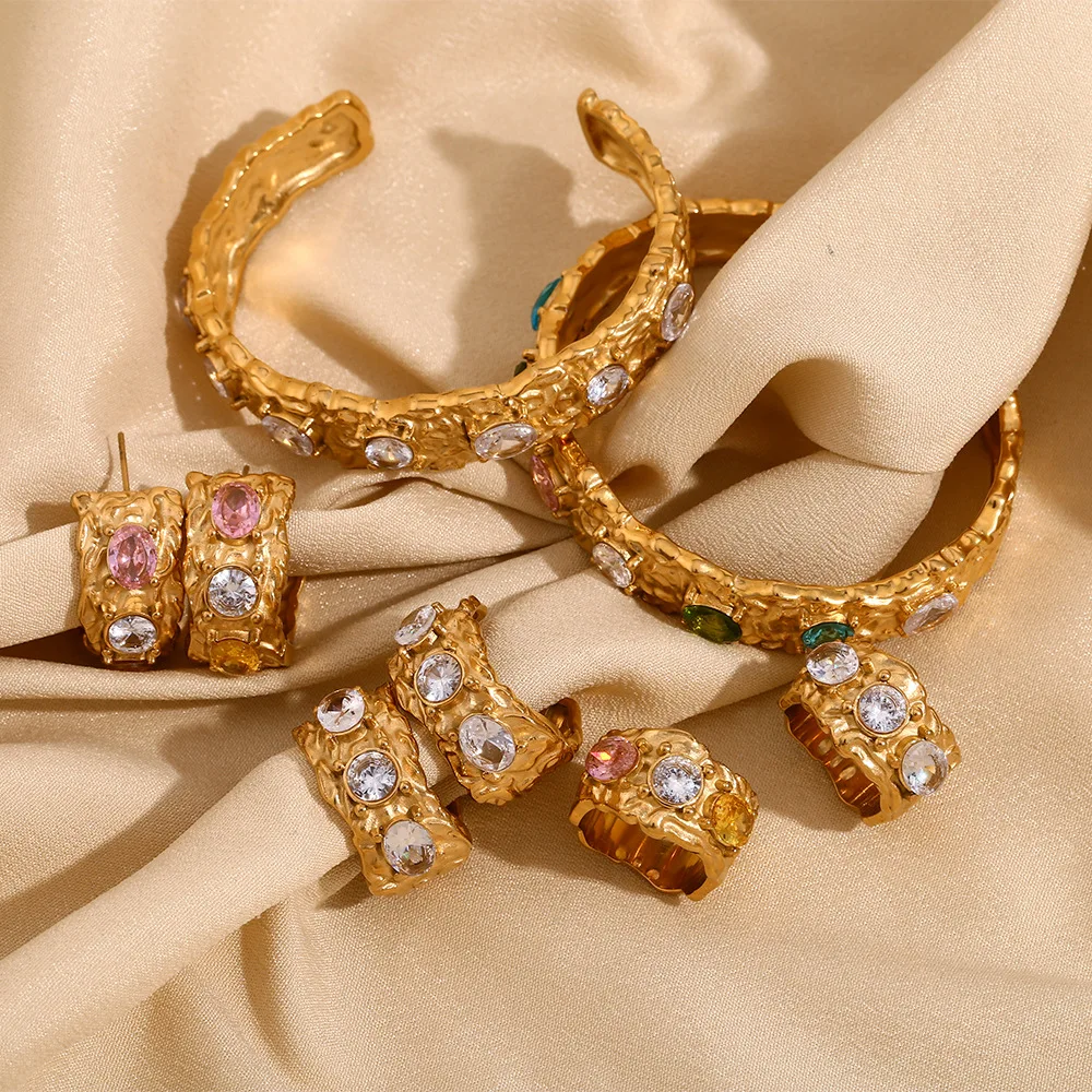 Fashion Diamond C Earrings Stainless Steel Plated 18k Gold Irregular Micro-set Colorful Zircon Cast Bracelet Ring Jewelry Set