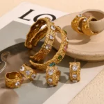 Fashion Diamond C Earrings Stainless Steel Plated 18k Gold Irregular Micro-set Colorful Zircon Cast Bracelet Ring Jewelry Set