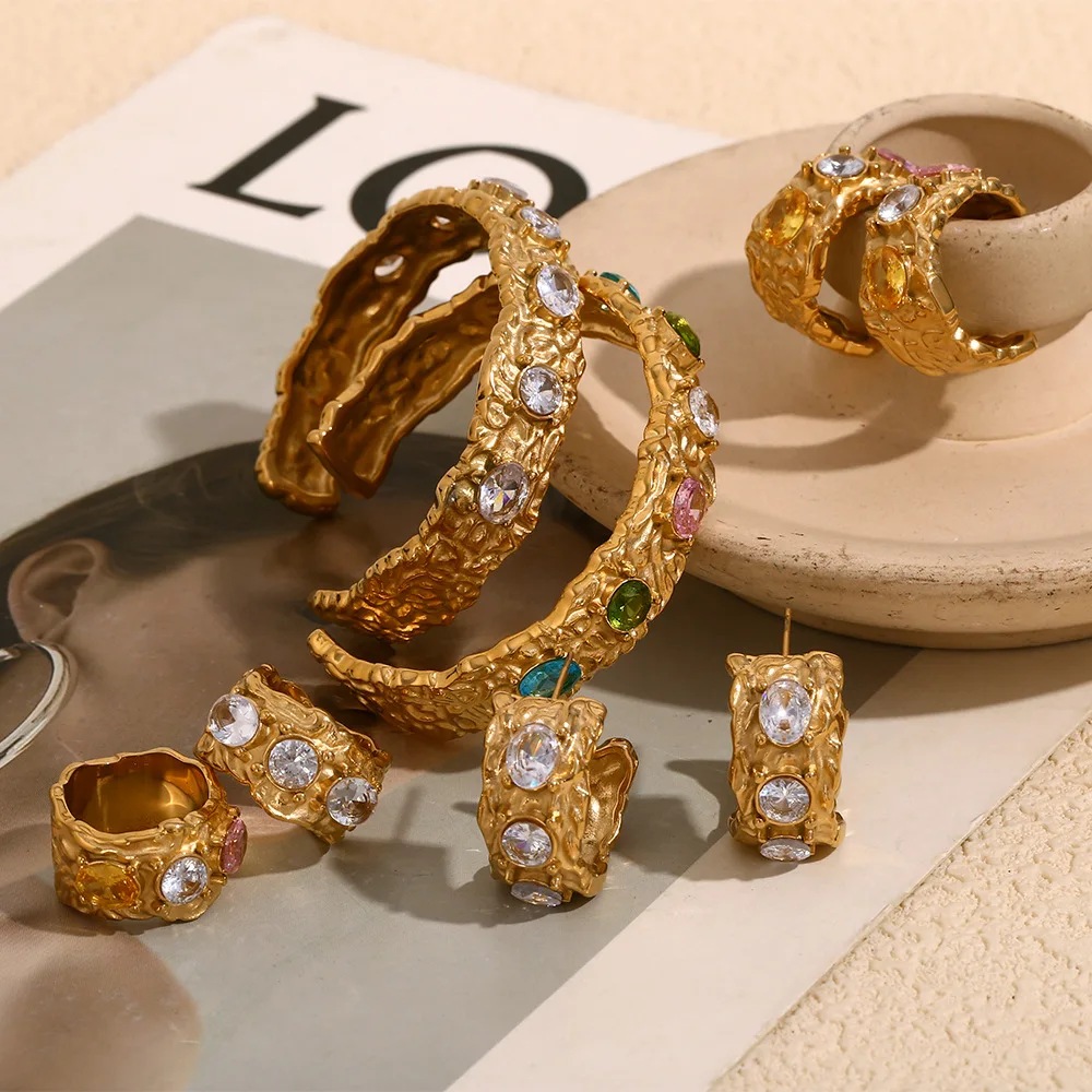 Fashion Diamond C Earrings Stainless Steel Plated 18k Gold Irregular Micro-set Colorful Zircon Cast Bracelet Ring Jewelry Set