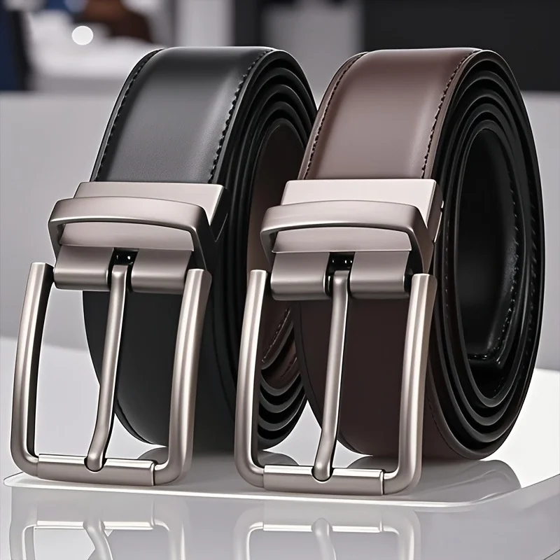 Men's Genuine Leather Alloy Pin Buckle Rotating Cowhide Belt Electroplated Vintage Style Black Korean Business Belt Stock