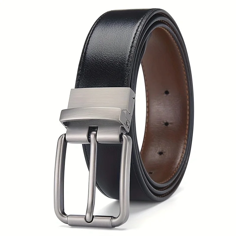 Men's Genuine Leather Alloy Pin Buckle Rotating Cowhide Belt Electroplated Vintage Style Black Korean Business Belt Stock