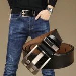 3.8cm Width Black And Brown Color Men's Slide Genuine Cow Leather Buckle Belt